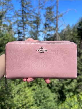 COACH Long Zip-Around Pink Pebble Leather Phone Wallet with Silver Hardware